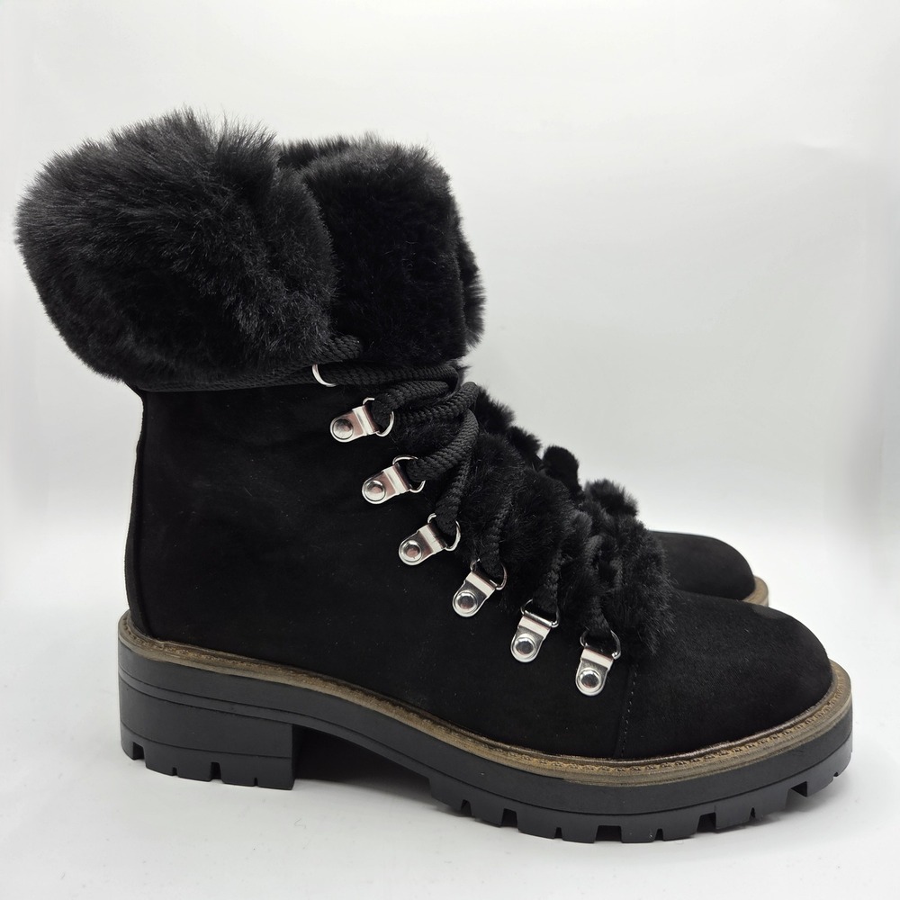 Portland Kallie Black Faux Fur‎ Trim Lace Up Lug Sole Combat Boots Womens 6.5M